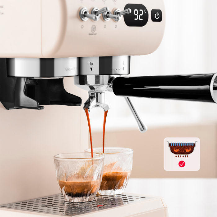 Cafetera de 1350W con 20 niveles de molido, extracción dual para café caliente y frío, vapor potente, tanque 1,8L y 20bar.