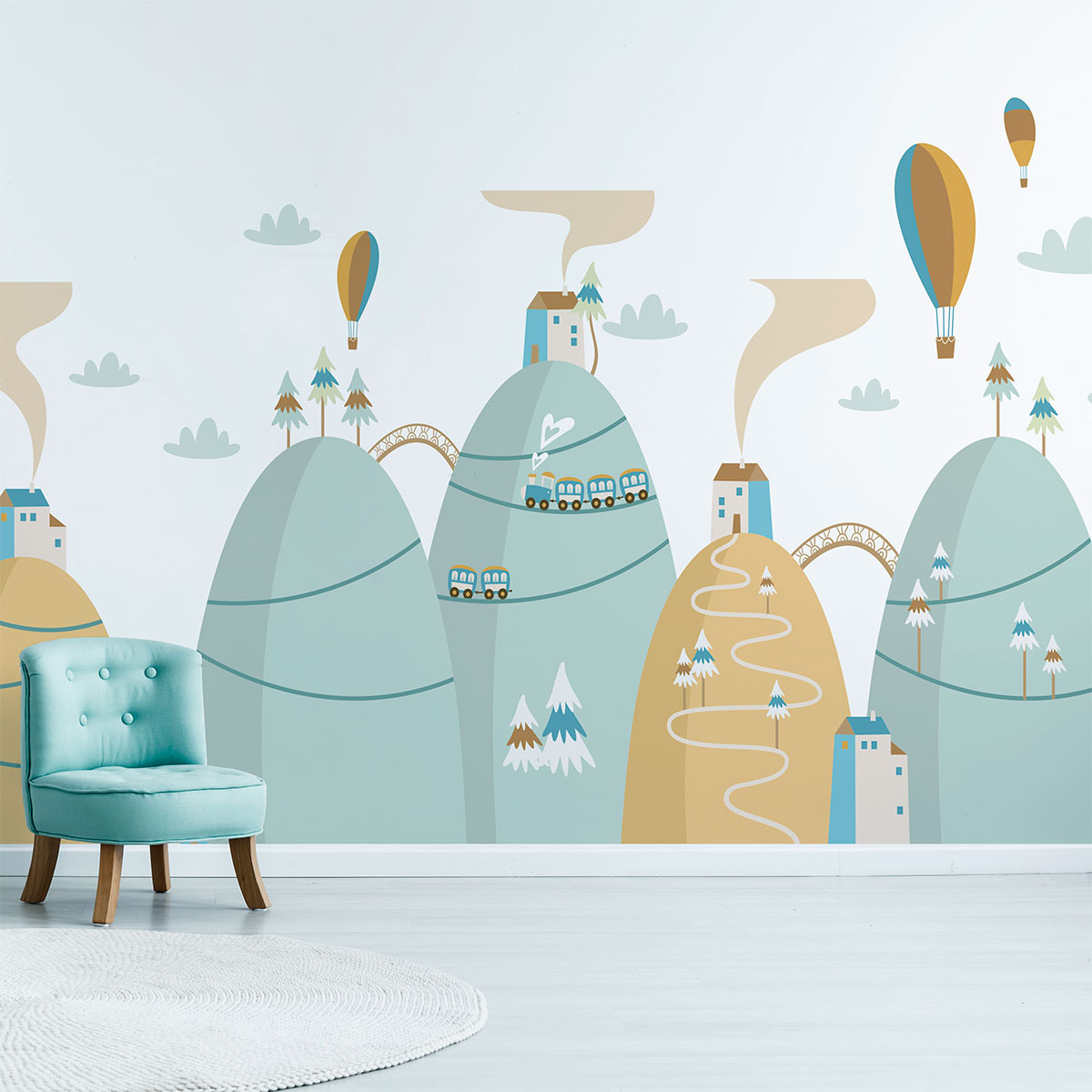 Stickers muraux enfants - Décoration chambre bébé - Autocollant Sticker mural géant enfant montagnes scandinaves MONTGOLFIÈRES BALLONS DU CIEL