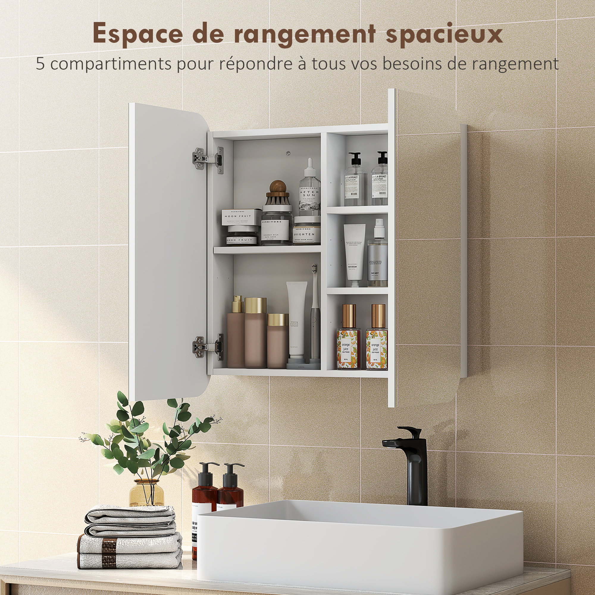 Armoire miroir murale salle de bain design arqué 2 portes dim. 68 x 13 x 66 cm blanc