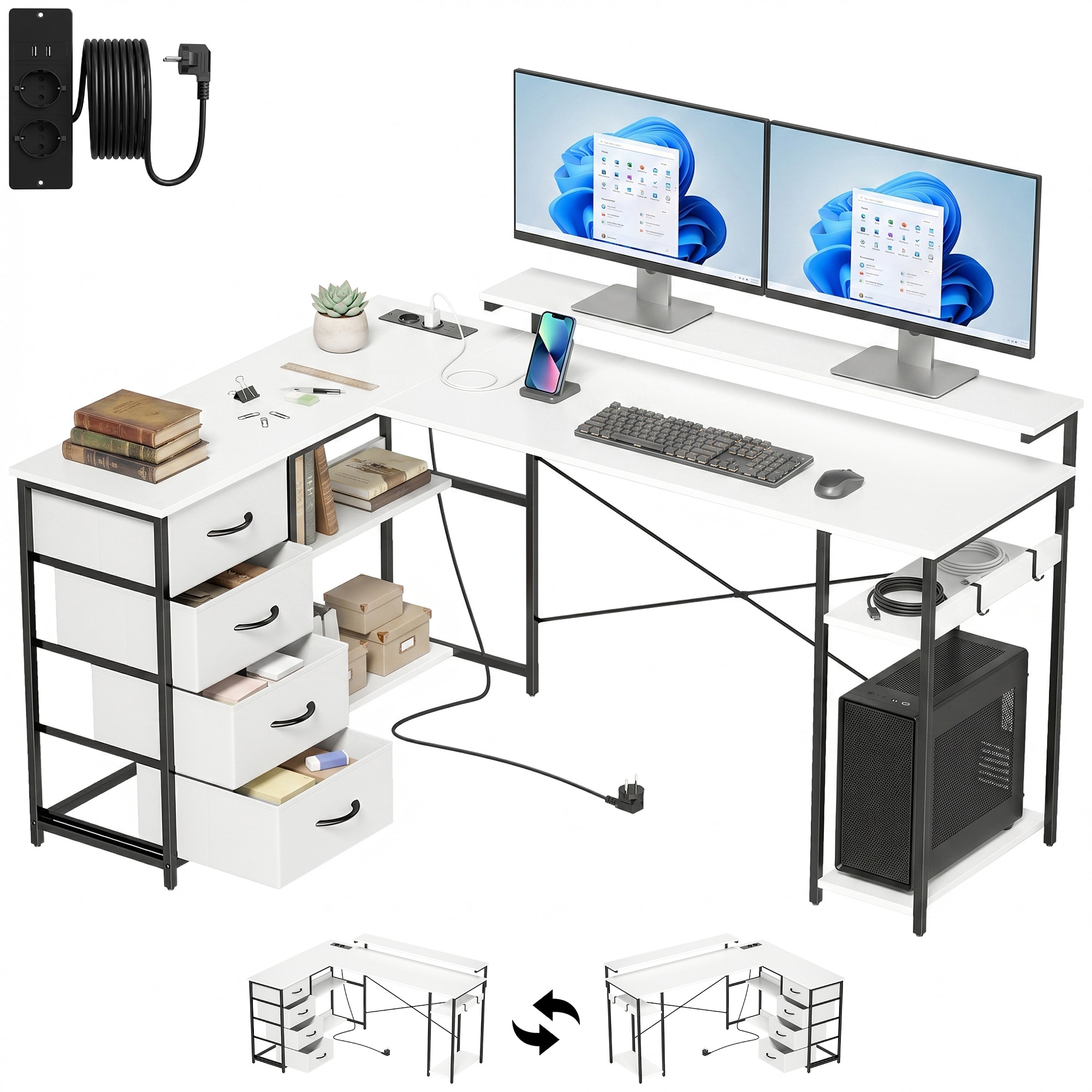 Escritorio Esquinero con 4 Cajones de Tela, 155x112 cm, Escritorio en L Reversible con 2 Enchufes y 2 Puertos USB, Soporte para Monitor, 2 Ganchos, para Oficina en Casa, Estudio, Blanco