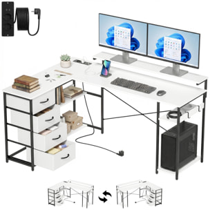 Escritorio Esquinero con 4 Cajones de Tela, 155x112 cm, Escritorio en L Reversible con 2 Enchufes y 2 Puertos USB, Soporte para Monitor, 2 Ganchos, para Oficina en Casa, Estudio, Blanco