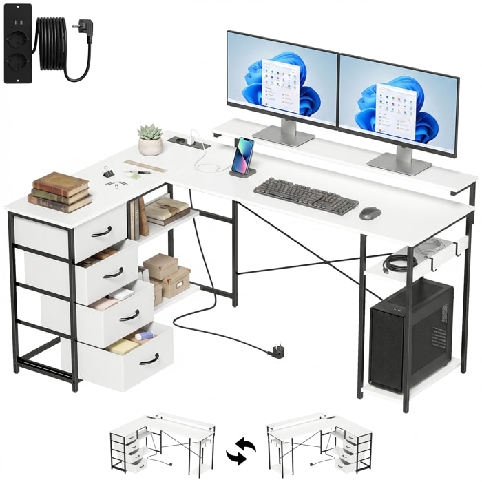 Escritorio Esquinero con 4 Cajones de Tela, 155x112 cm, Escritorio en L Reversible con 2 Enchufes y 2 Puertos USB, Soporte para Monitor, 2 Ganchos, para Oficina en Casa, Estudio, Blanco