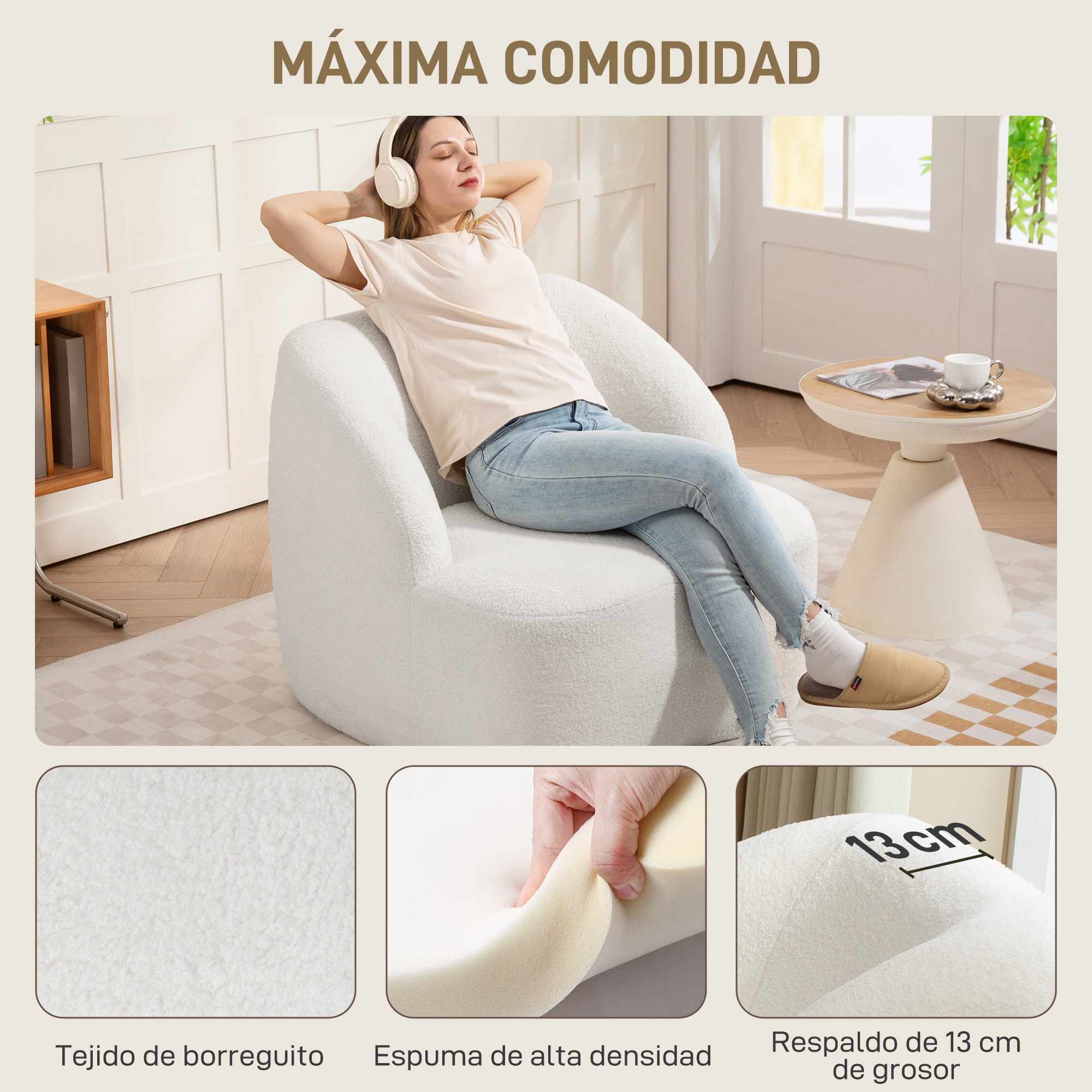Sillón Tapizado en Borreguito Sillón de Salón de 81 cm con Diseño Curvo Acolchado Grueso No Requiere Montaje para Dormitorio Sala de Estar Oficina Crema