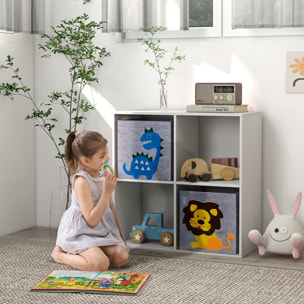 Estantería para Juguetes Infantil Librería para Niños de +3 Años con 4 Compartimientos de Almacenaje y 2 Cajones de Tela no Tejida con Imagen de Animales 61,8x29,9x61,8 cm Blanco y Gris