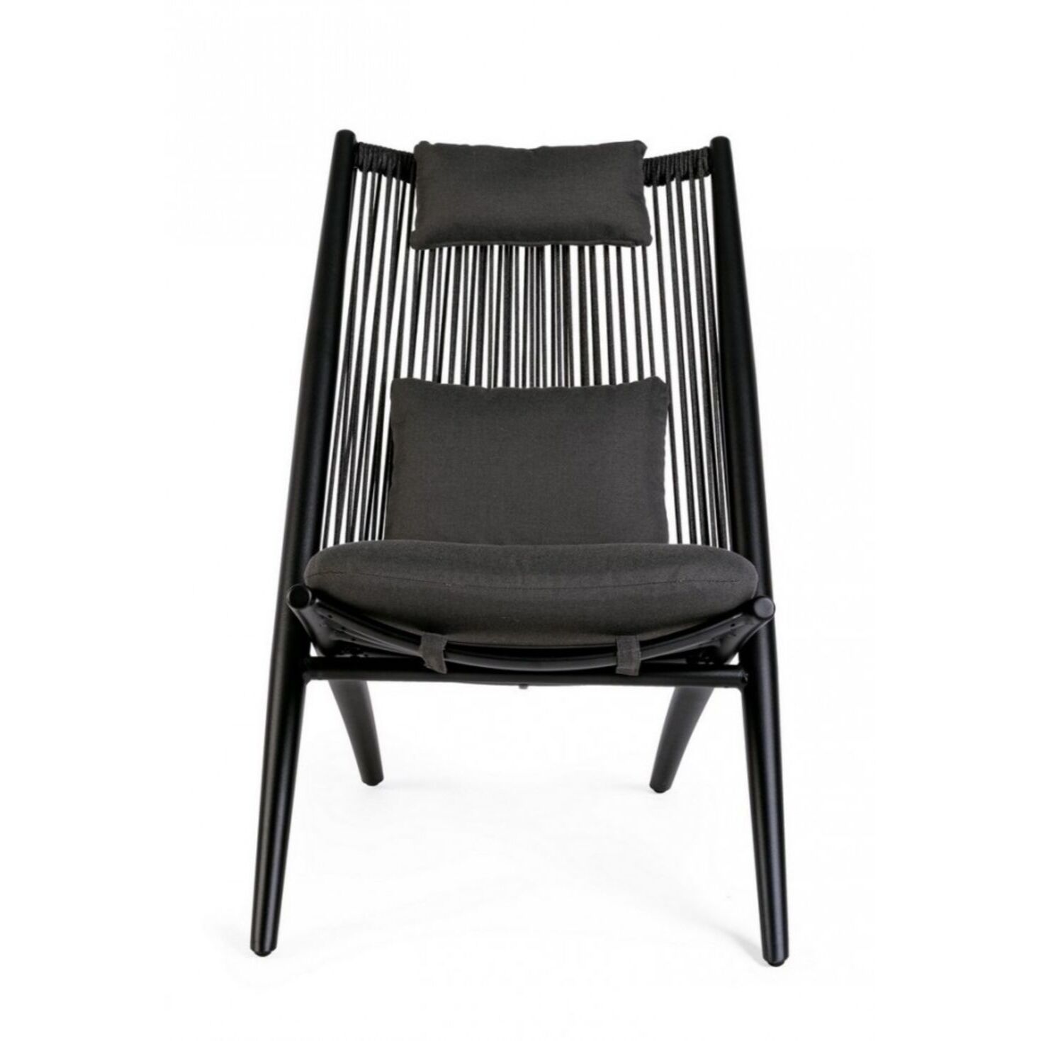 Set di 4 poltrone ALOHA in alluminio nero e intreccio di corda nero, con cuscini