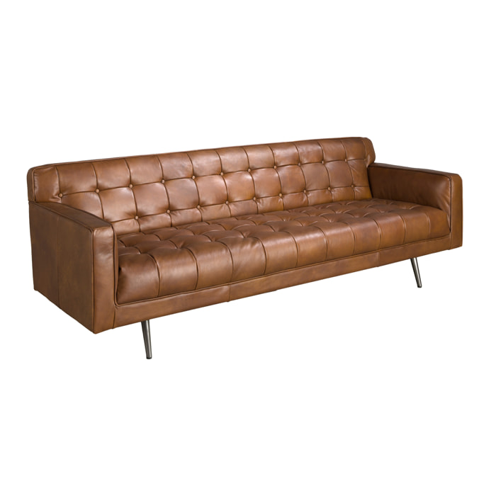 Sofá Chester de 3 plazas tapizado en piel de origen vacuno en marrón oscuro patas de acero inoxidable oscurecido 212x79x70cm