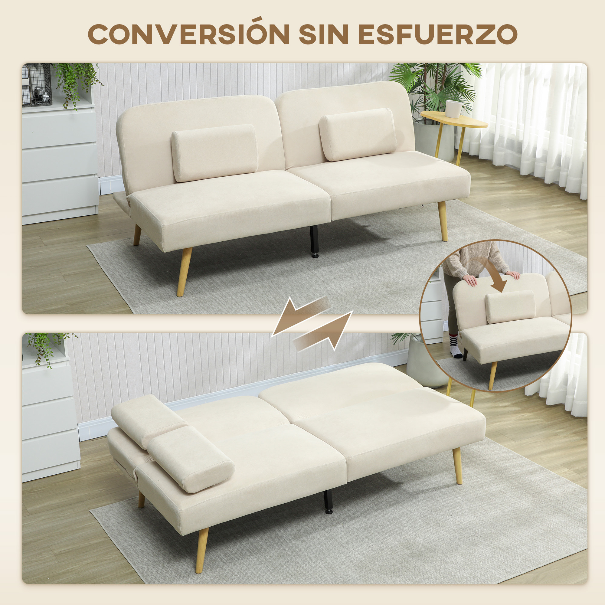 Sofá Cama de 3 Plazas con Mesa Auxiliar, 3 en 1, Sofá Cama Convertible con Respaldo Ajustable, Apertura Clik-Clak, 2 Almohadas para Reposabrazos y Patas de Metal, 196x86x81 cm, Beige