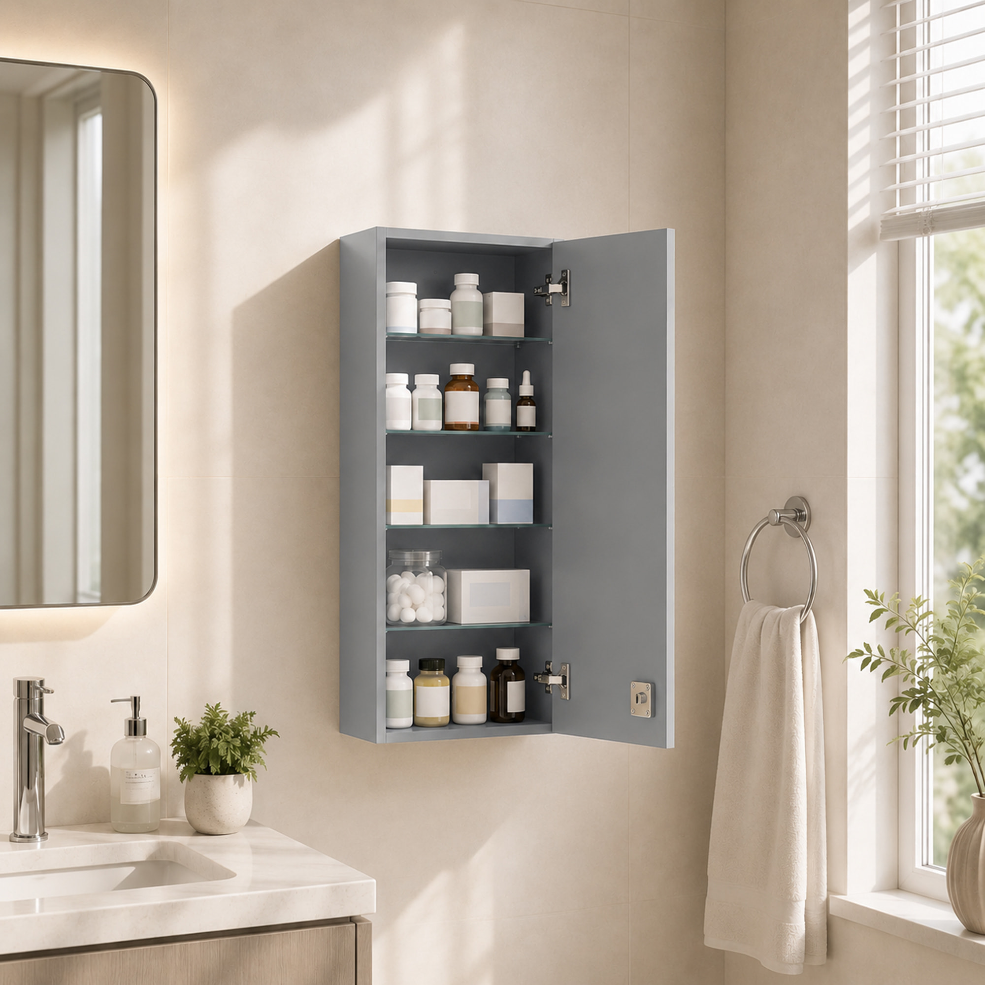 Armoire à pharmacie murale verrouillable - 5 niveaux - verre panneaux gris