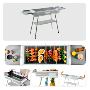 Barbecue portatile a carbone K-701 con design pieghevole, maniglia per il trasporto, ventilazione ottimizzata e ampi vassoi di stoccaggio integrati.