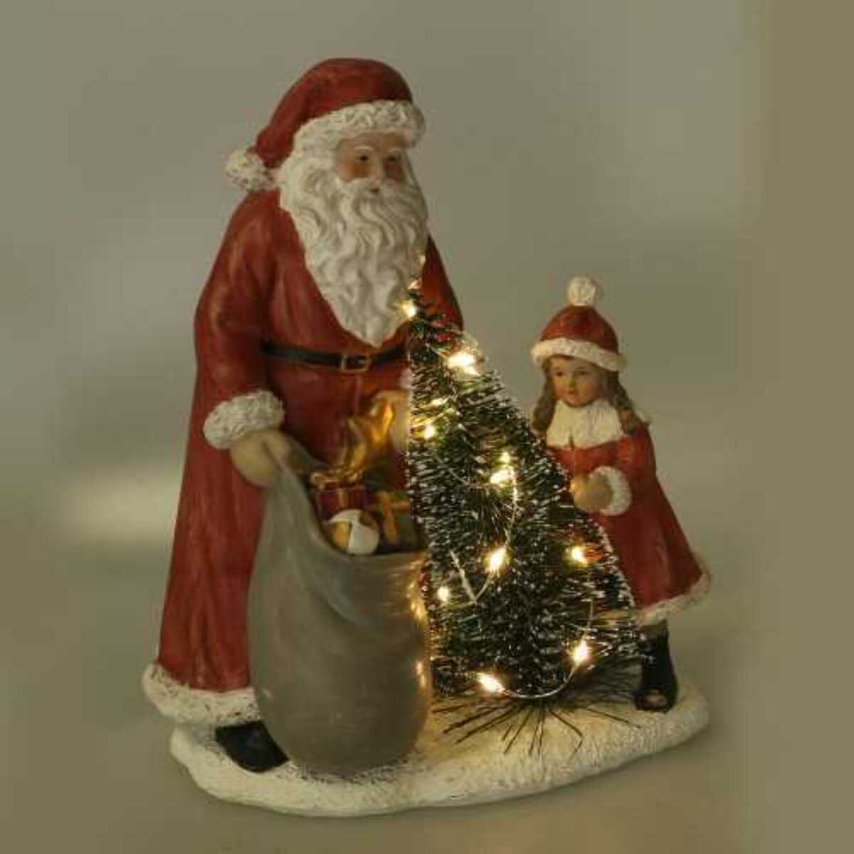 Statua in resina babbo natale con bambina rossa con led cm15x11h18,5