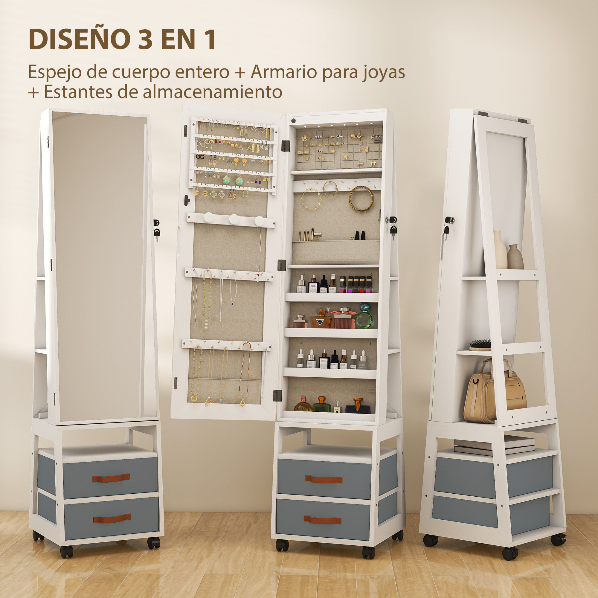 Espejo Joyero con Luces LED Interior, Armario para Joyas con Ruedas, Armario Joyero con Espejo Entero, Giratorio de 360°, Estantes Abiertos, Cajones de Tela, Blanco