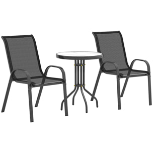 Conjunto de Mesa y Sillas de Terraza Exterior de 3 Piezas Muebles de Jardín Exterior con Sillas Apilables Encimera de Vidrio y Estructura de Acero para Patio Negro