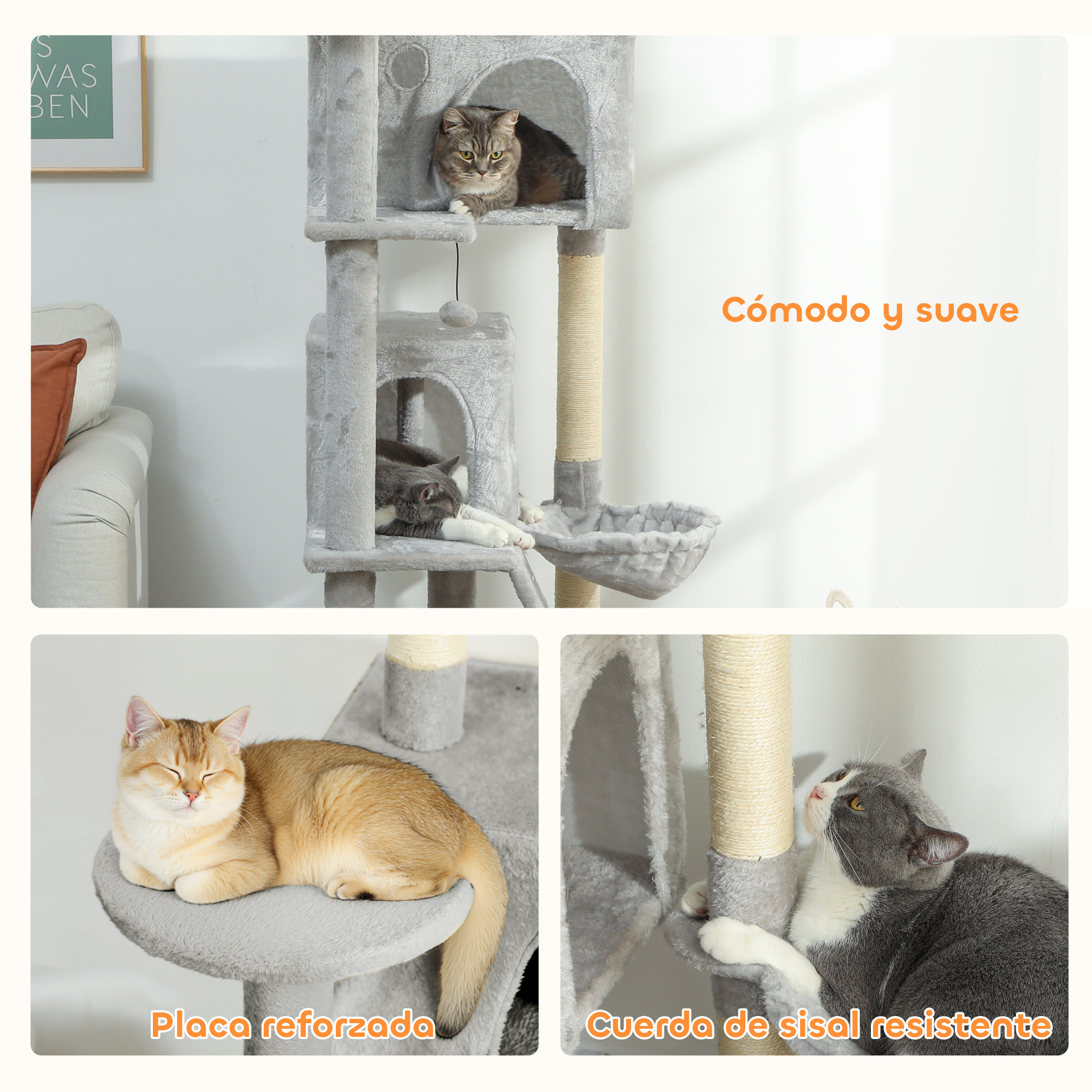 Árbol Rascador para Gatos, Árbol para Gatos 180 cm, Torre Escalador con Múltiples Plataformas, Cama, 2 Cuevas, Hamaca, Escalera, Postes de Sisal, Bolas para Jugar, Gris Claro