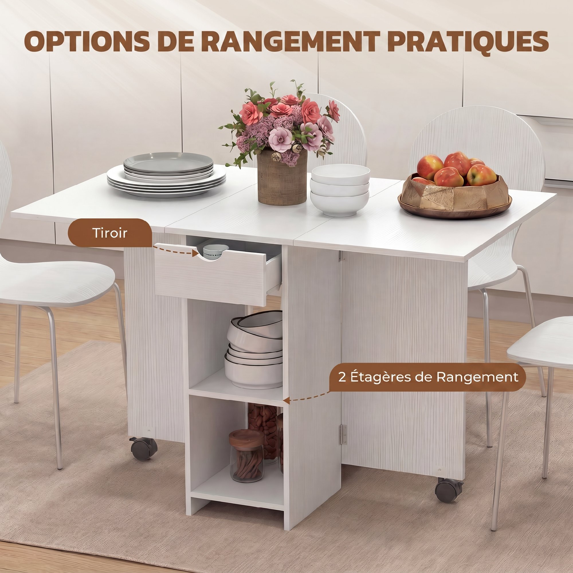 Table à manger pliable extensible 4 personnes - 2 abattants, 2 étagères, tiroir, roulettes - aspect bois blanc
