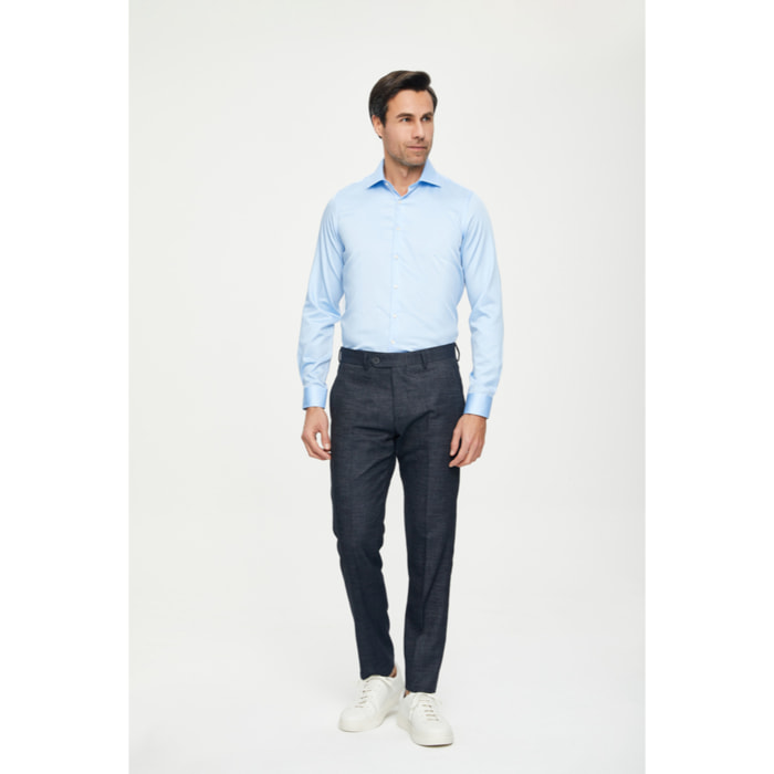 Camicia Uomo 1 Bottone Francese Slim Satin Unito Celeste
