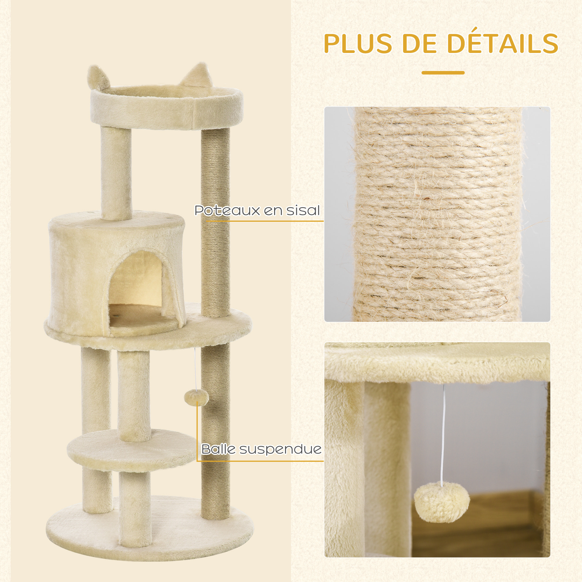 Arbre à chats multi-équipements griffoirs grattoirs plateformes niche jeu boule suspendue Ø 48 x 104H cm beige