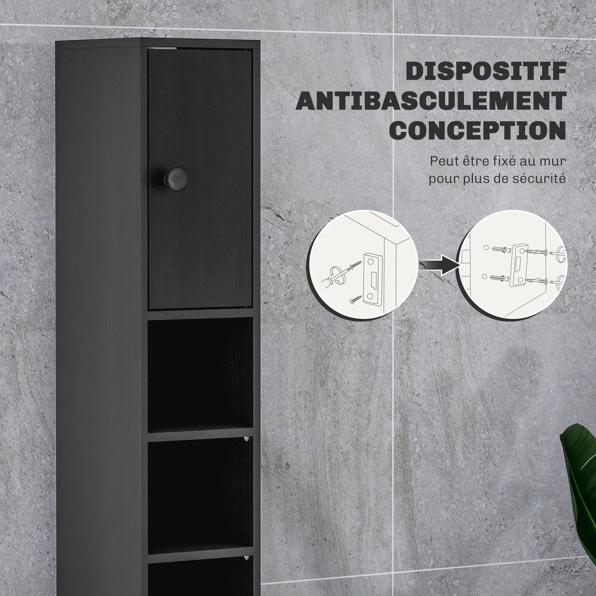 Meuble colonne salle de bain 2 portes 2 étagères 4 niches tiroir poignées métal noir