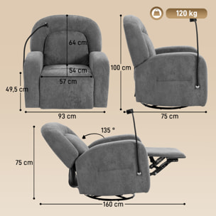HOMCOM Sillón Relax Reclinable 3 en 1, Sillón Relax con Función Mecedora, Giratorio 360°, Soporte para Teléfono, Asiento Amplio, Respaldo Ancho, Tapizado en Terciopelo, Gris