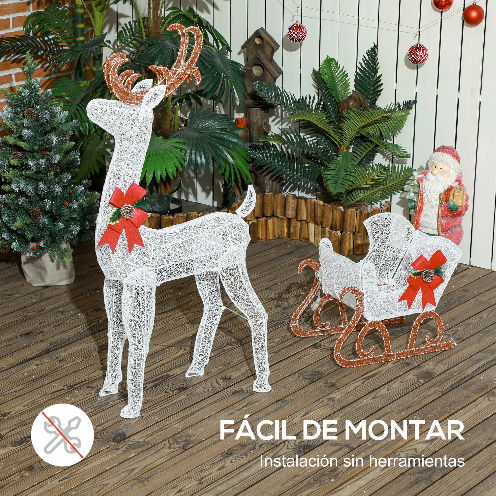 Reno con Trineo Luminoso, Decoración de Navidad con 170 LED Blanco Cálido, Illuminación Navideña para Interior, Exterior y Jardín