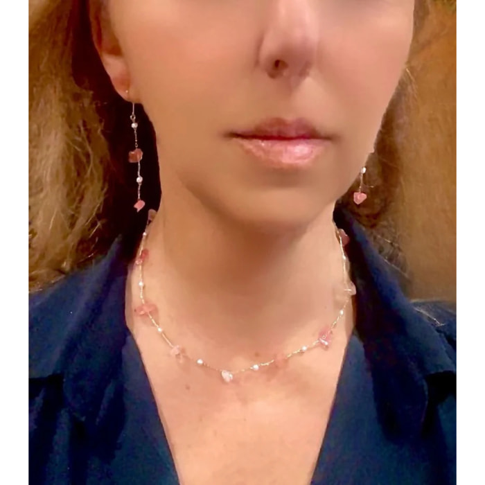 Conjunto quarzo rosa natural irregular collar y pendiente