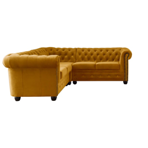 William - canapé Chesterfield d'angle réversible - 5 places - en velours - Jaune