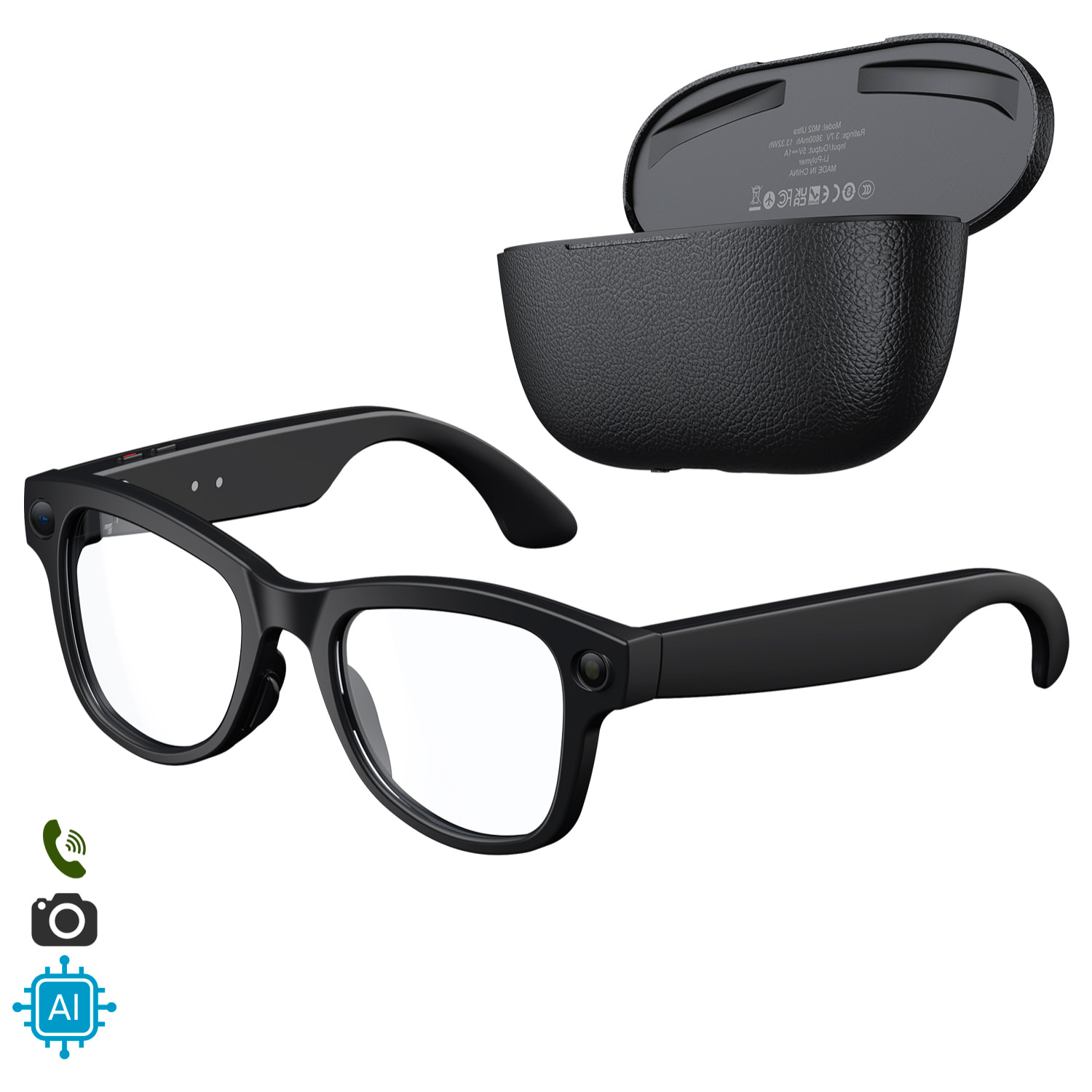 Gafas inteligentes M02 ultra con cámara de 8 MP para fotos y video. Con estuche de carga de 3600mAh.