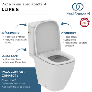 WC à poser sans bride sortie horizontale I.Life S avec abattant frein de chute
