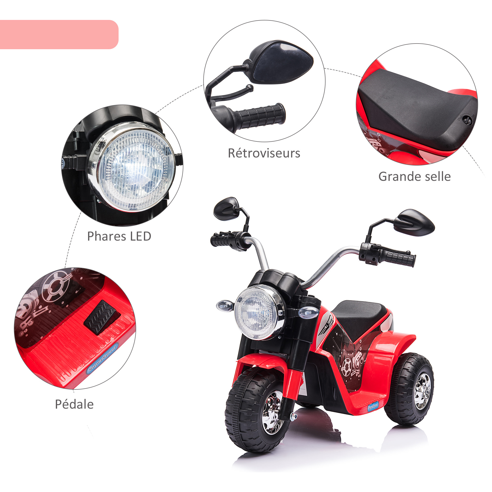 Moto électrique enfant chopper tout-terrain  6 V 20 W marche AV AR 3 roues effets lumineux et sonores rouge noir