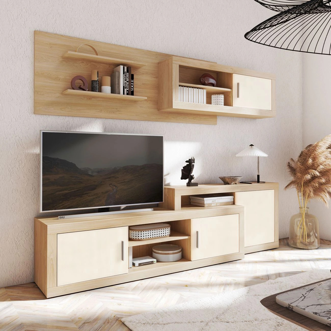 Módulo bajo de 1 puerta en cambria y blanco 130 cm Nuka Cambria - Blanco