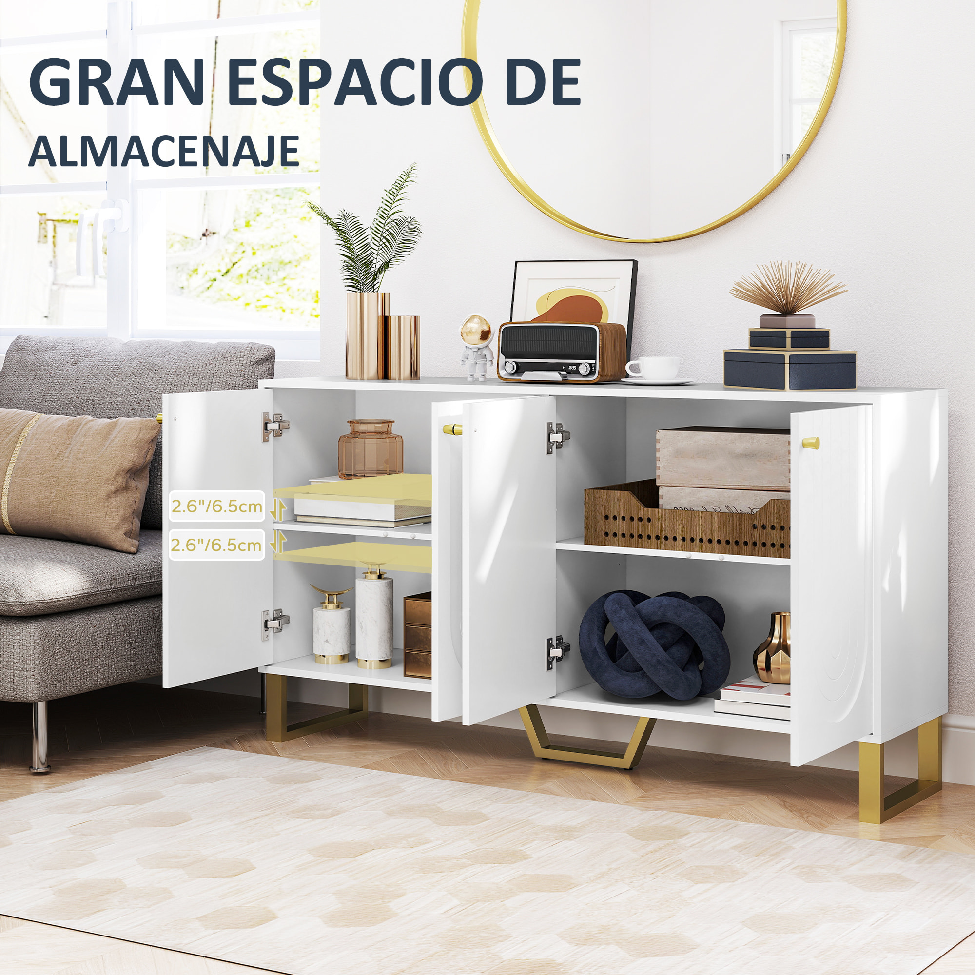 Aparador 4 Puertas Aparador para Salón Moderno con Estantes Ajustables y Patas Doradas para Comedor Entrada Mueble para TV hasta 65 Pulgadas Blanco 140,8x35x77,5 cm