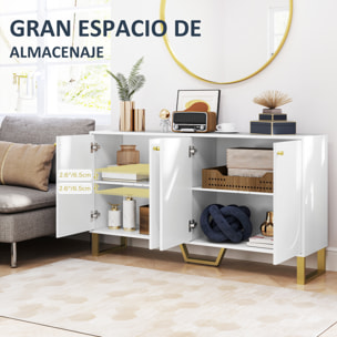 Aparador 4 Puertas Aparador para Salón Moderno con Estantes Ajustables y Patas Doradas para Comedor Entrada Mueble para TV hasta 65 Pulgadas Blanco 140,8x35x77,5 cm