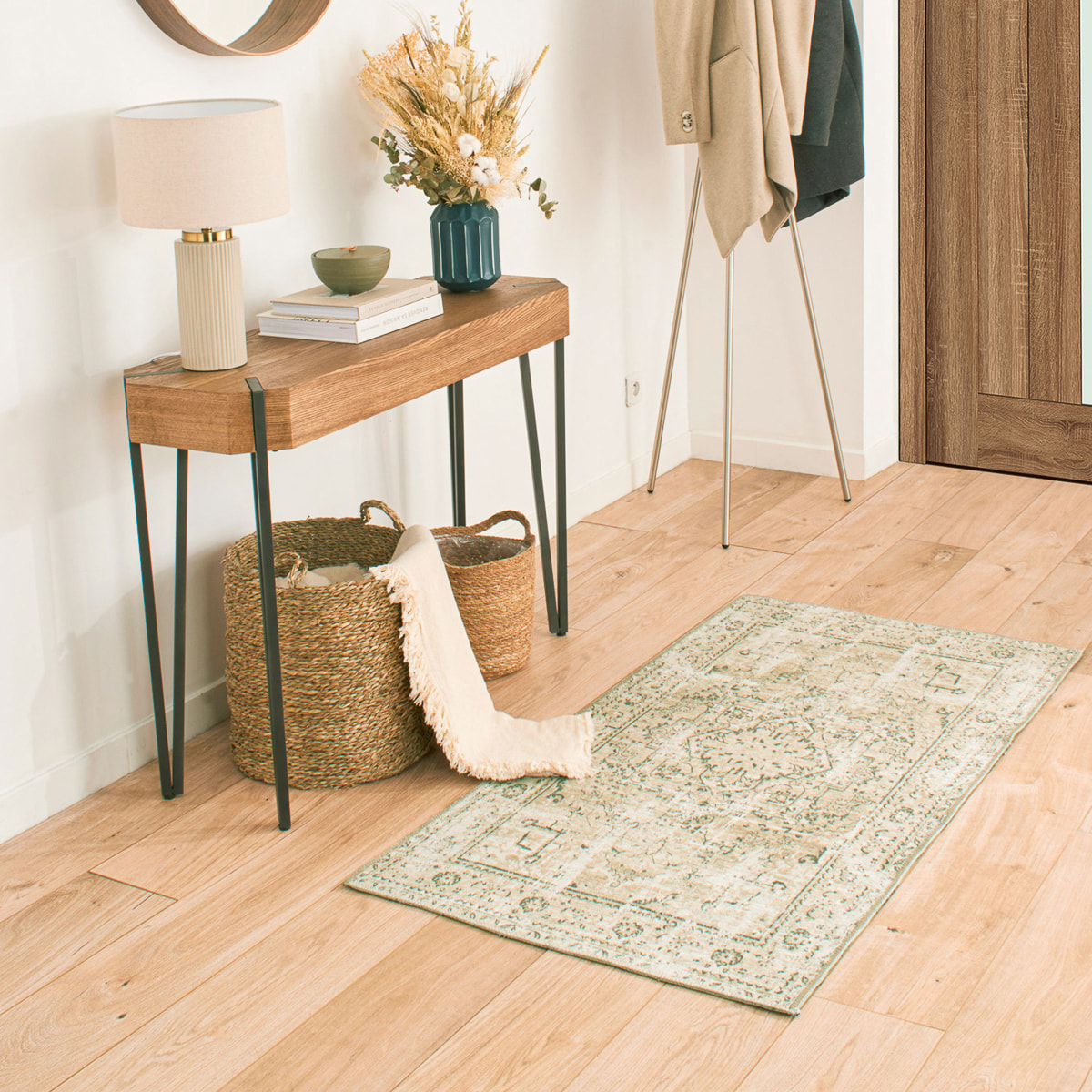 Carry - tapis vintage style oriental lavable en machine à 30°c, kaki
