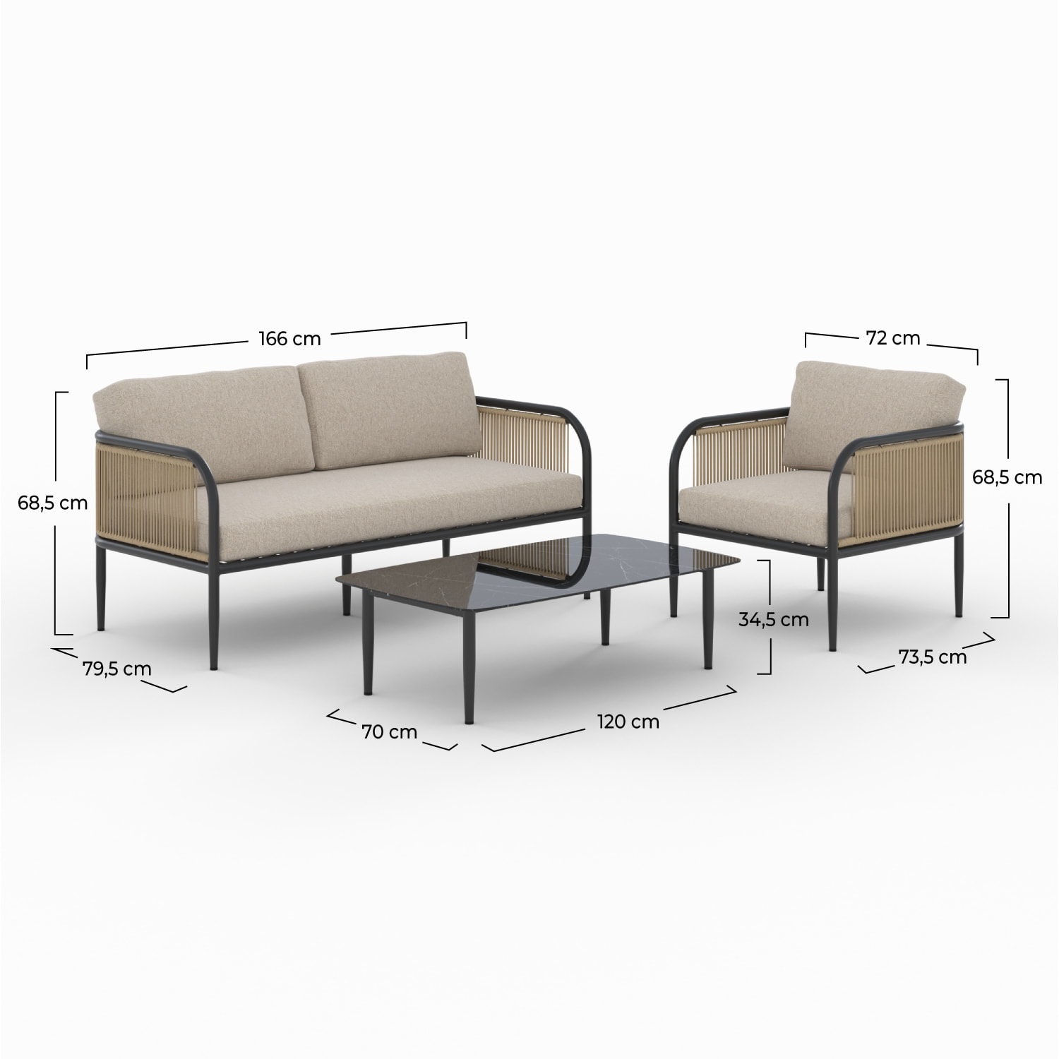 Salon de jardin 4 personnes en métal et tissu beige - Wilo