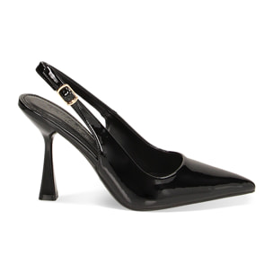 Décolleté slingback nere in vernice, tacco 8 cm