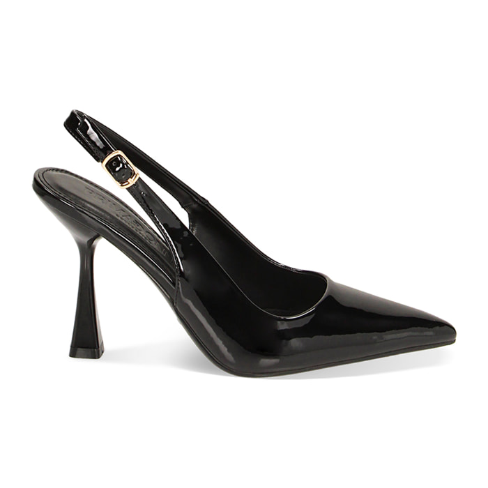 Décolleté slingback nere in vernice, tacco 8 cm