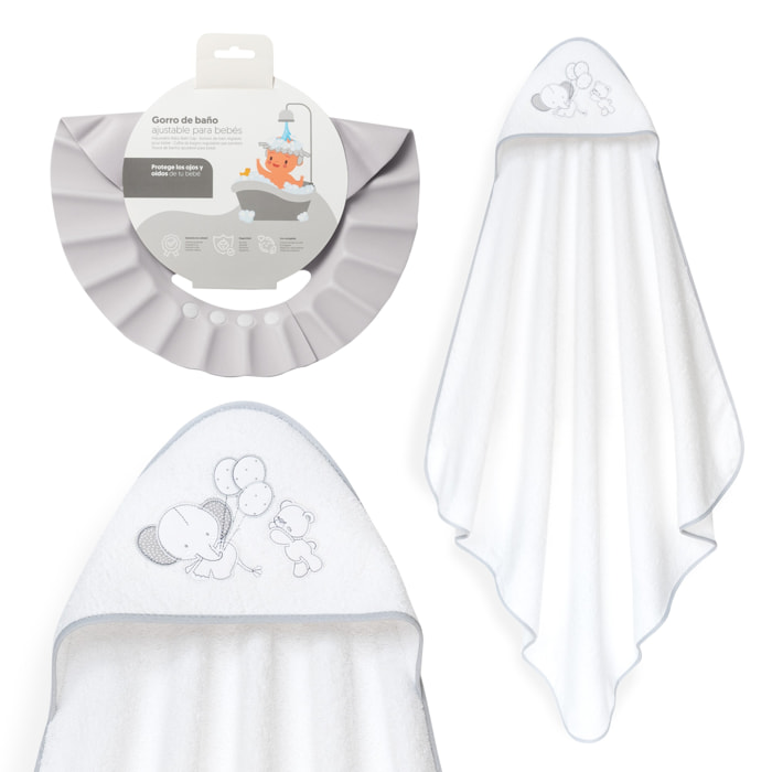 Capa Baño 1X1 Mod Oso Elefante Globos+Gorro Bco/Gris