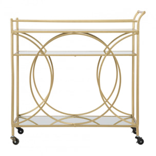 Carrello rettangolare, in metallo dorato e vetro a specchio, con 3 ripiani e pratiche ruote, colore oro, Misure 40 x 80 x 40 cm