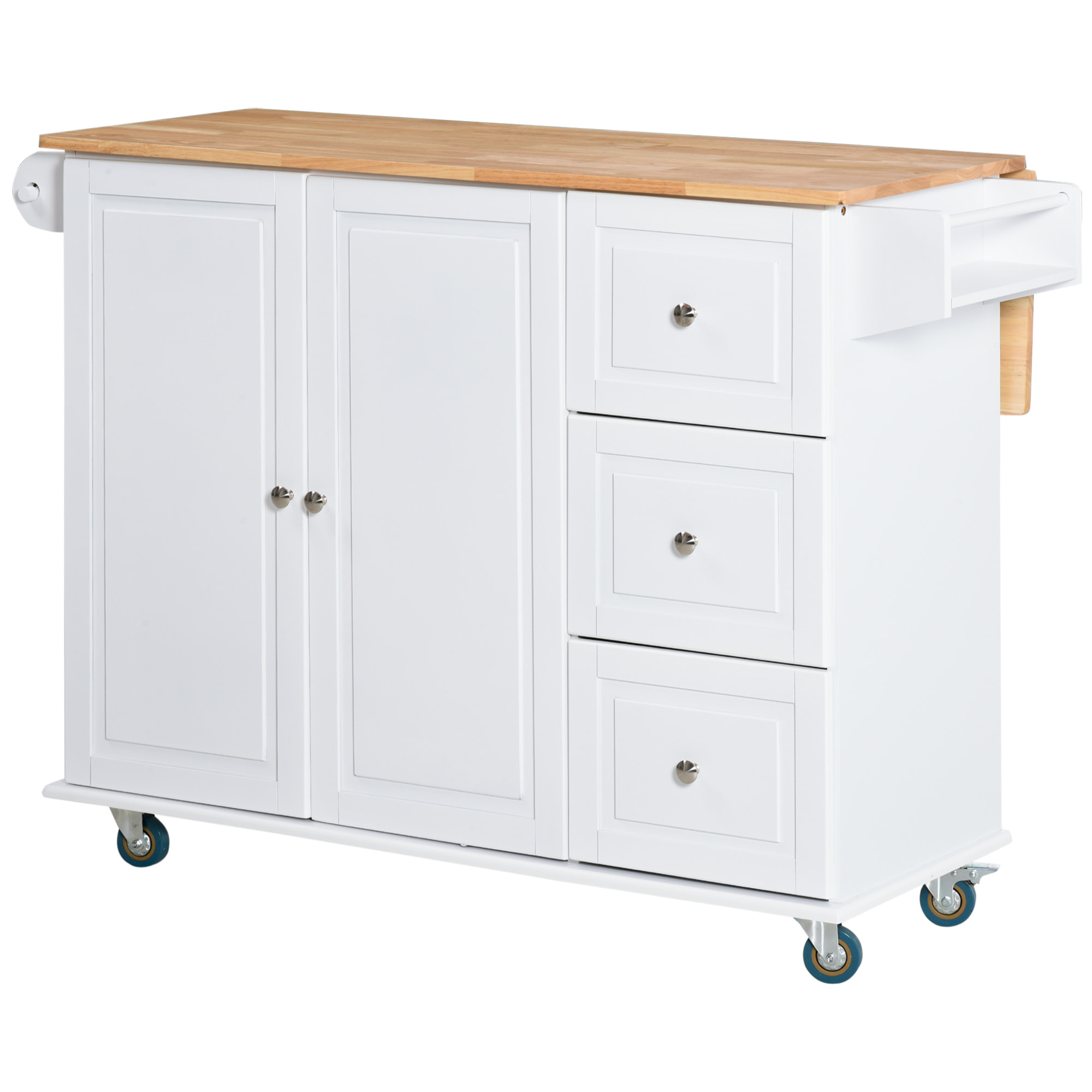 Carro de Cocina con Ruedas Carrito de Servicio con Encimera Extendida 3 Cajones 1 Armario con Estante Ajustable Interior Barra de Colgar y Especiero 128,8x75,5x92,5 cm Blanco