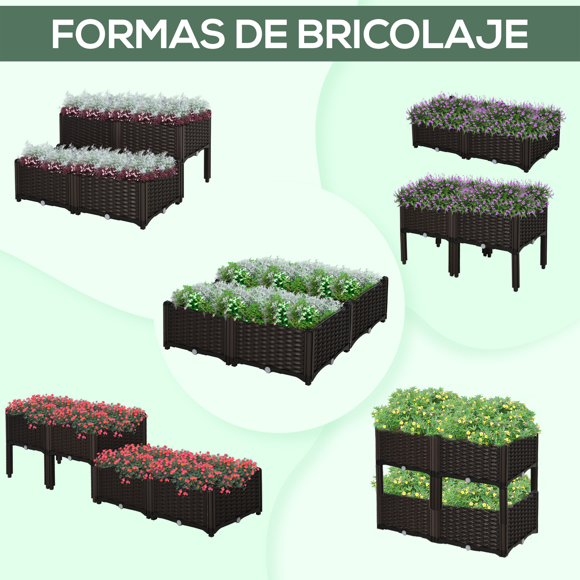 Juego de 4 Jardineras de Exterior Jardineras Cuadradas Imitación a Mimbre Combinación Libre Maceteros para Jardín Patio 40x40x26/44 cm Marrón