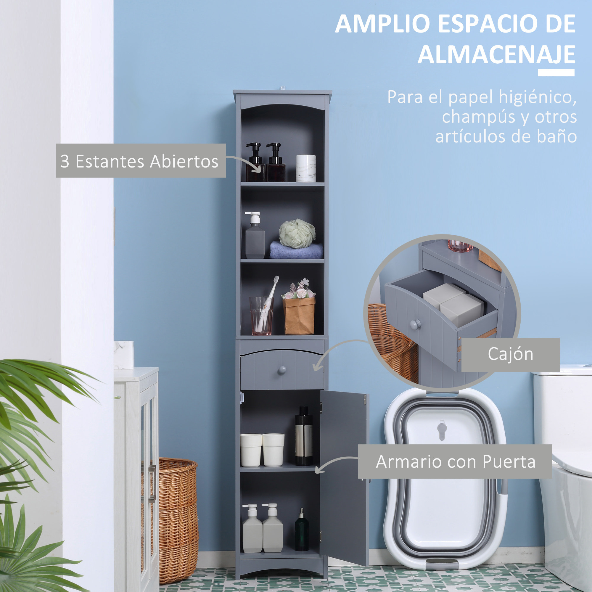 Armario Alto de Baño Estrecho con 1 Cajón y 3 Estantes Abiertos Columna de Baño Estilo Moderno para Salón Aseo Cocina 34x24x170 cm Gris