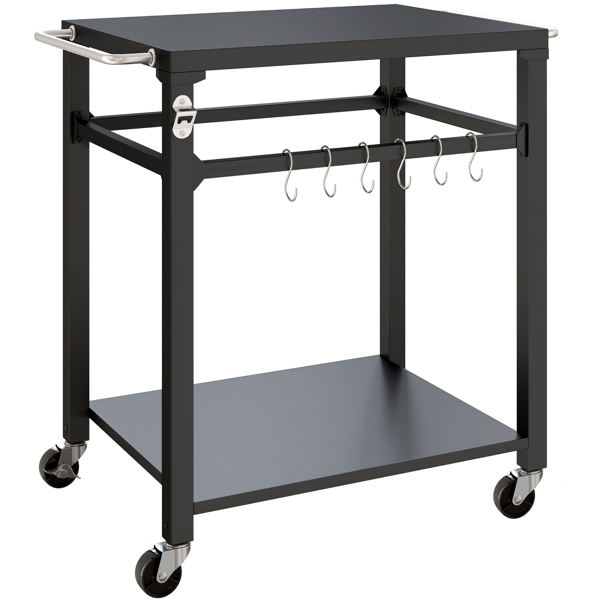 Desserte de jardin métal étagère 6 crochets 2 poignées décapsuleur noir