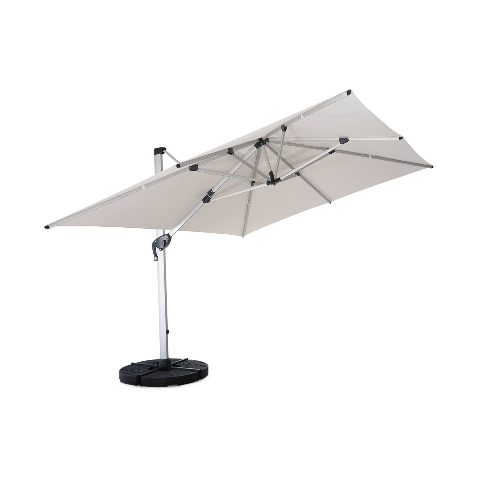 Parasol déporté haut de gamme 3x4m beige. toile en polyester teintée dans la masse. structure aluminium anodisé. housse incluse