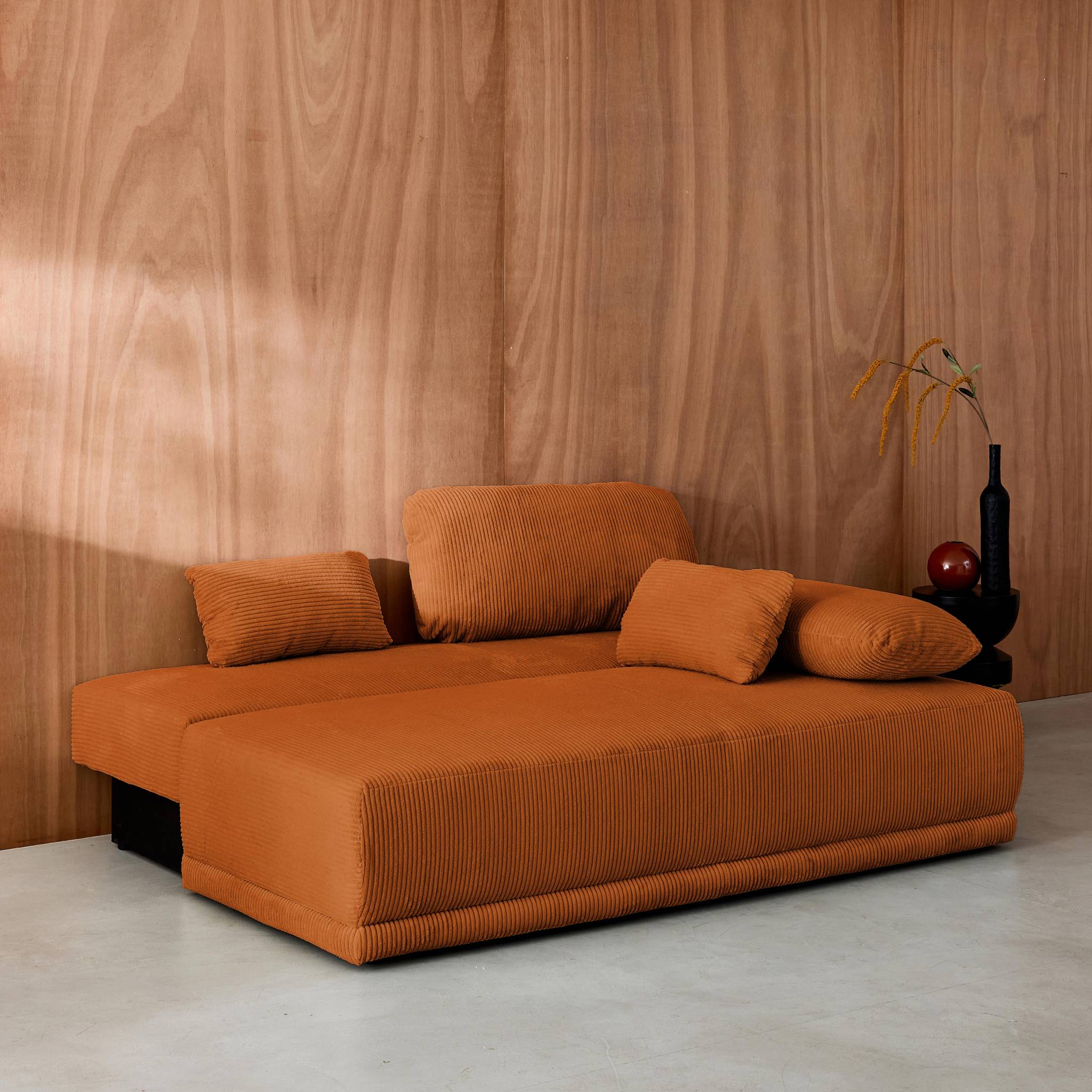 Banquette convertible 3 places velours côtelé camel avec coffre de rangement - L 192 x P 100 x H 81cm -Nelson