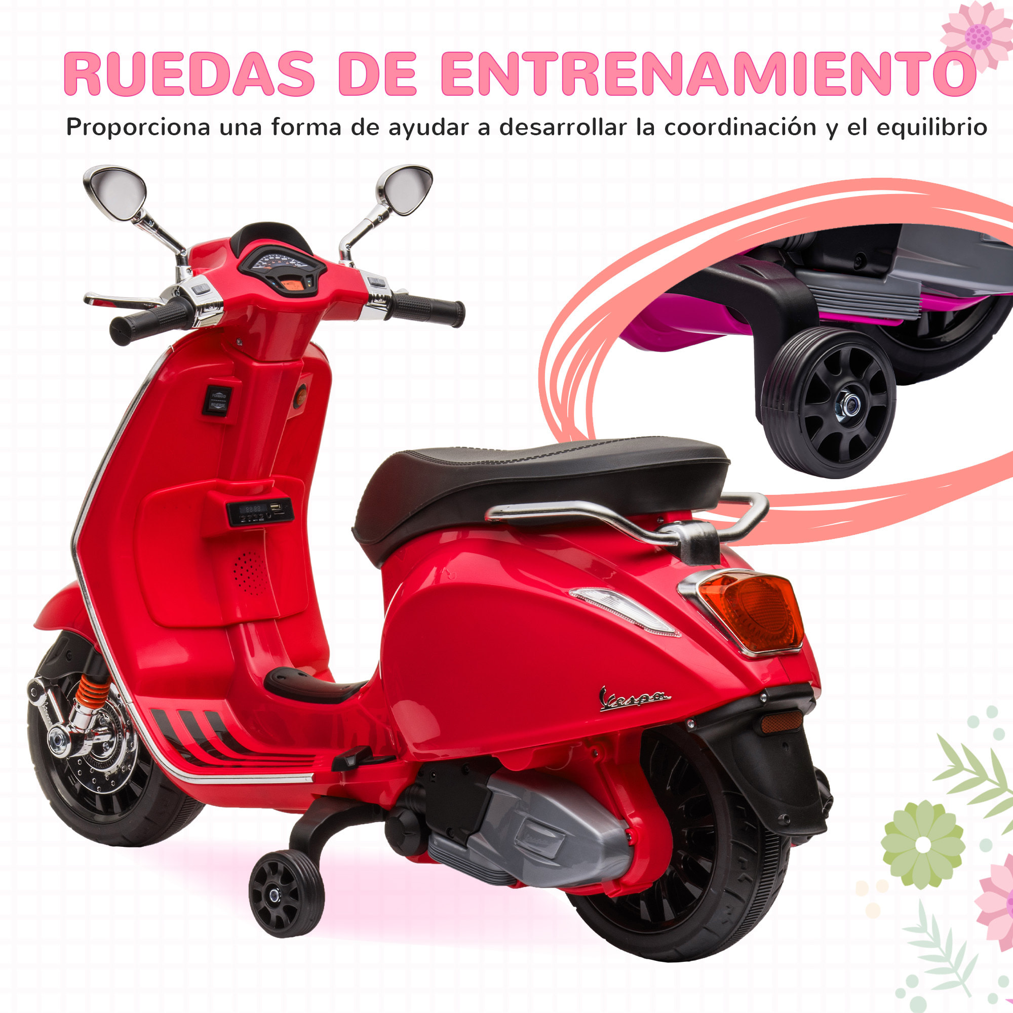 Moto Eléctrica para Niños de +3 Años con Licencia Vespa Moto de Batería para Niños 6V con USB MP3 Luz LED Radio FM Velocidad 3 km/h Carga 35 kg Rojo