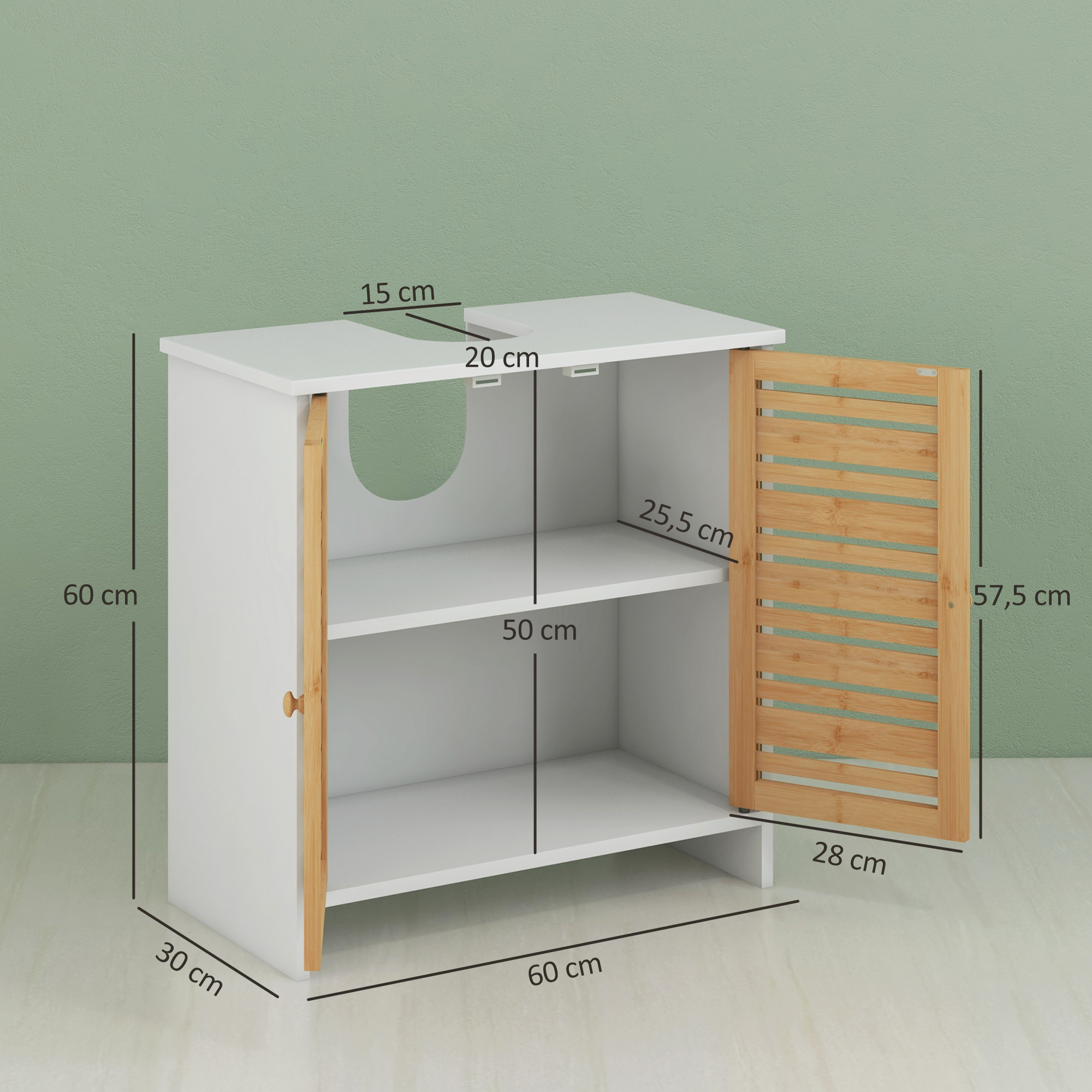 Meuble sous vasque style cosy naturel - 2 portes, étagère - dim. 60L x 30l x 60H cm - blanc bambou