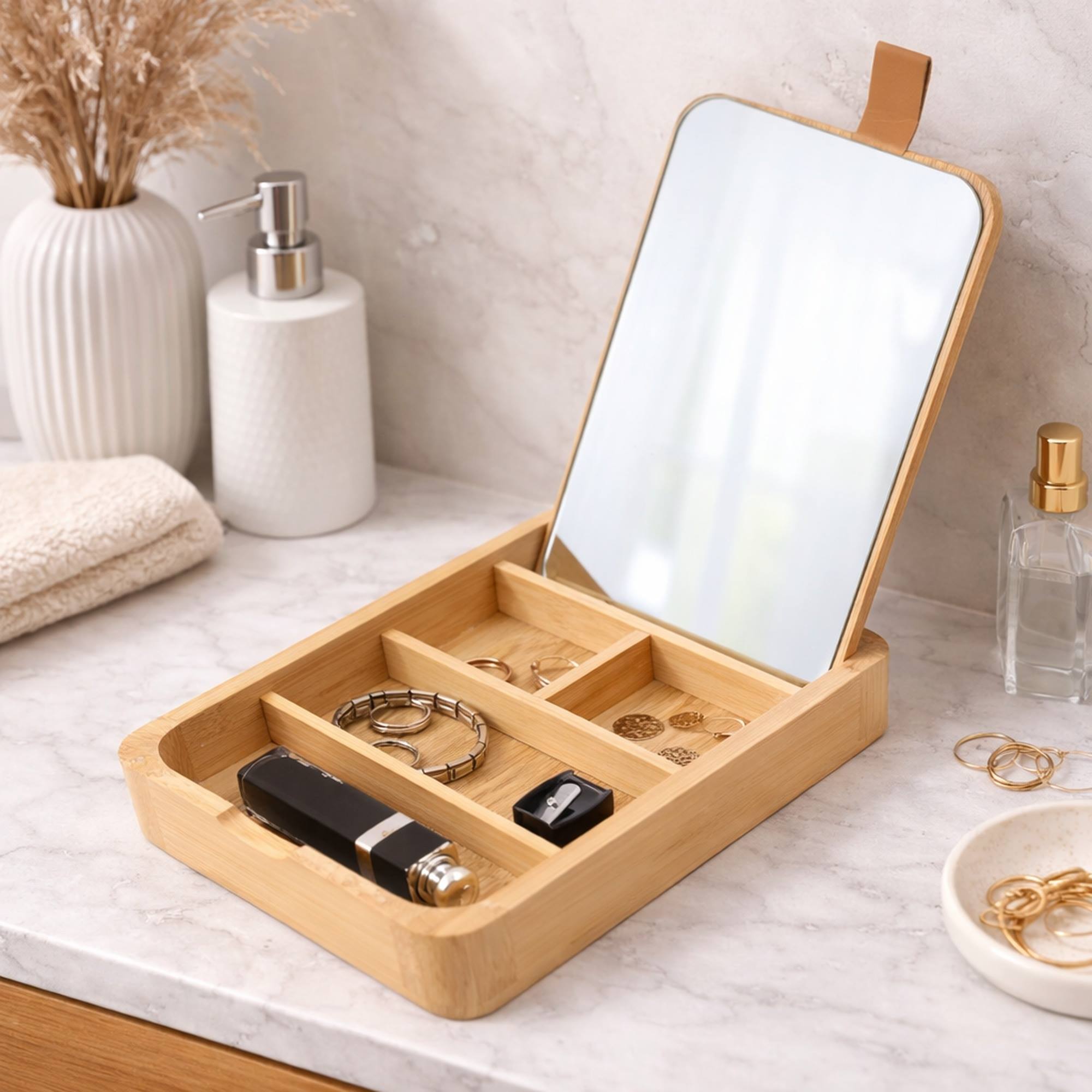 Espejo y Joyero rectangular ALAIS de Bambú en color marrón