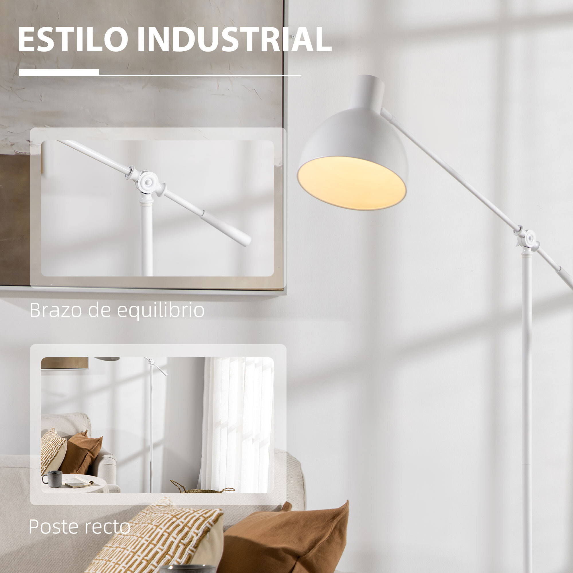 Lámpara de Pie Industrial Casquillo E27 Máx. 40W Lámpara de Lectura de Pie con Brazo Oscilante Altura Ajustable Pantalla Giratorio 90° para Salón Dormitorio Oficina Ø30x131-155 cm Blanco