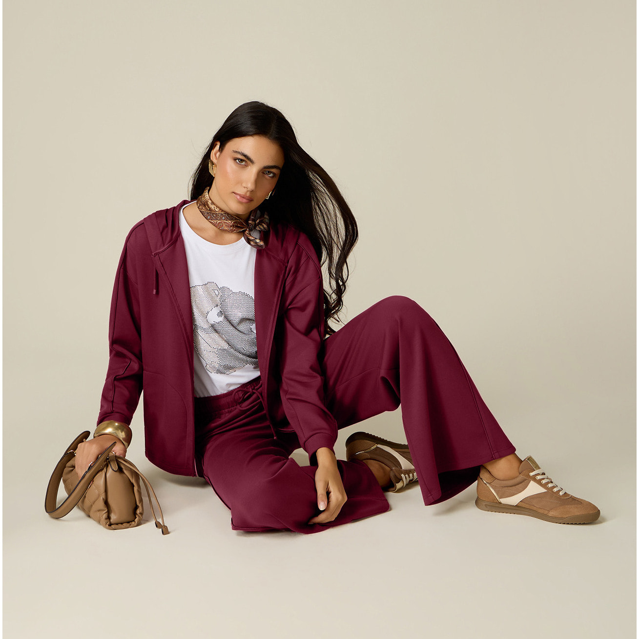 Oltre - Joggers palazzo con ribete - Burgundy