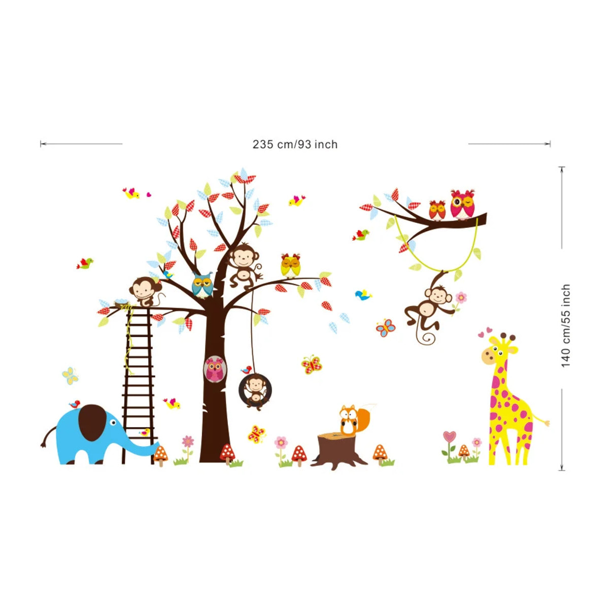 Sticker mural - Ambiance Sticker - Géant enfant - Arbre singe girafe et oiseaux