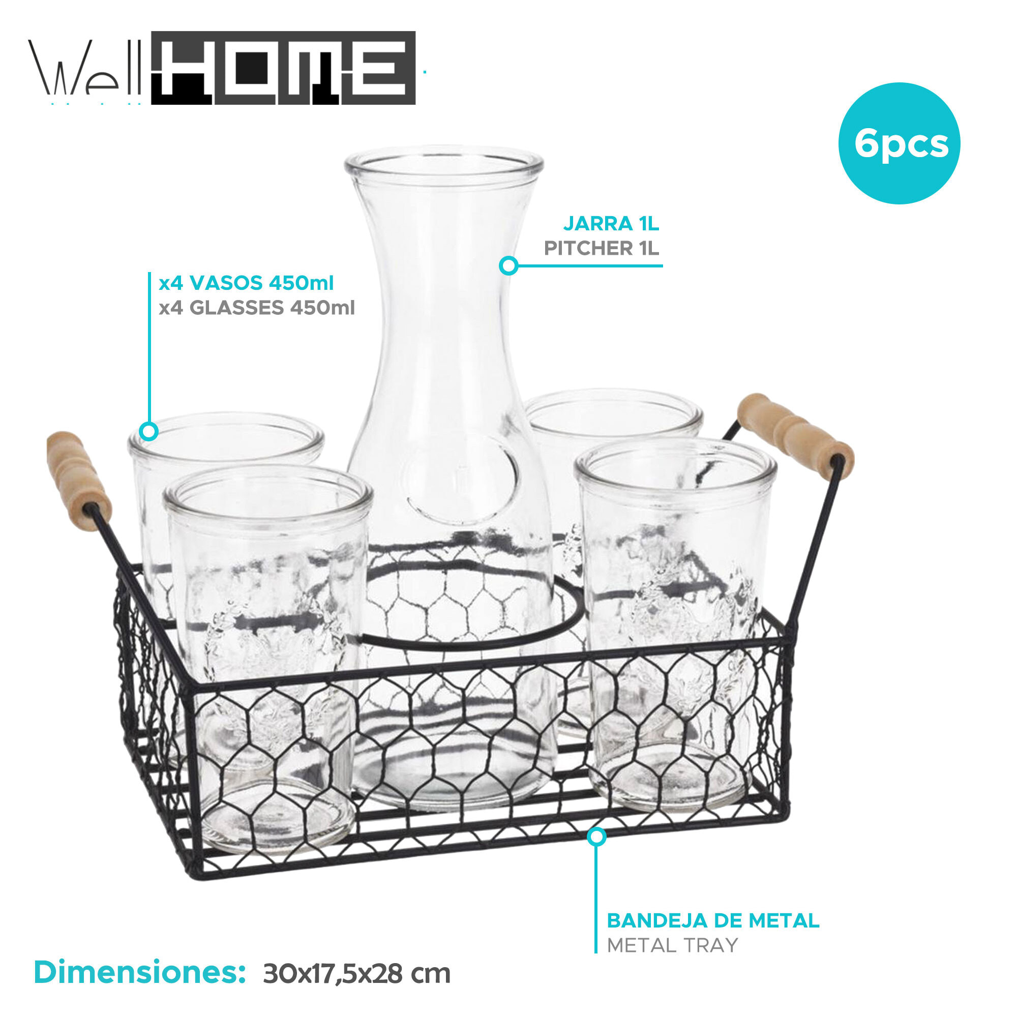 Well home juego de 4 vasos de 450ml + jarra de 1l en vidrio